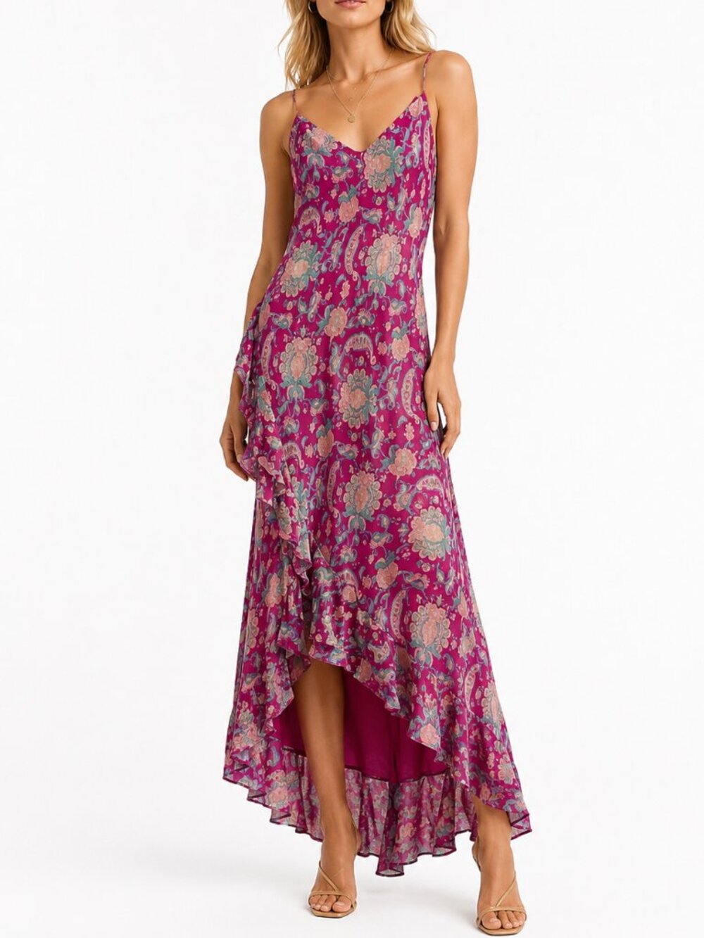 Y2K Ralph Lauren Paisley Silk Chiffon Ruffle Midi Dress Spaghetti Strap